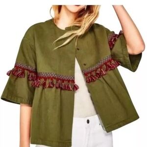 Zara NWOT Denim Army Green Cropped Fringe Jacket Size M Tassels Boho